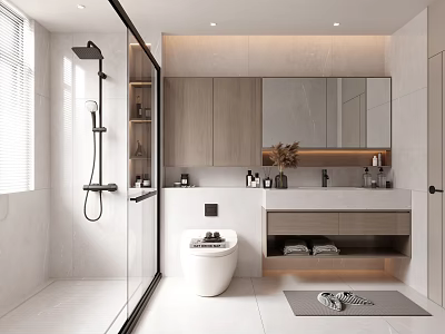 Modern Bathroom Interior Design With Glass Shower White Toilet Vanity Mirror And Storage Cabinets 3d model