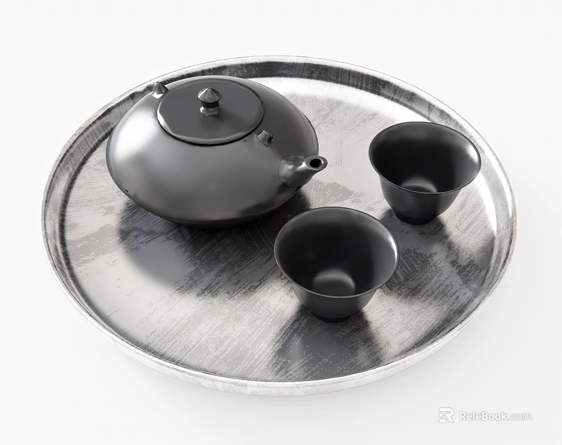 Modern Tea Set with Black Teapot Two Teacups on Silver Tray 3d model