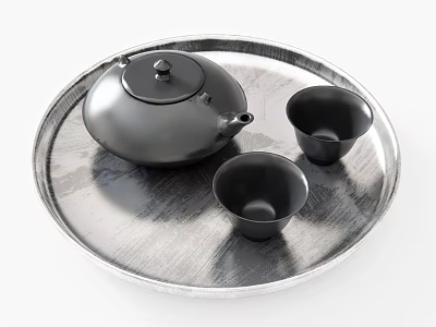 Modern Tea Set with Black Teapot Two Teacups on Silver Tray 3d model