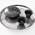 Modern Tea Set with Black Teapot Two Teacups on Silver Tray 3d model