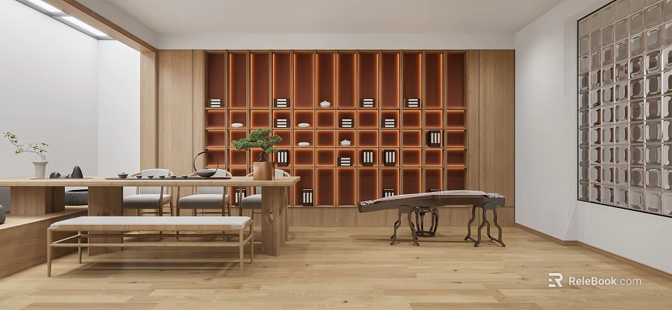 Serene Traditional Tea Room With Wooden Shelves Tea Sets Books Tea Table Benches And Guzheng 3d model 