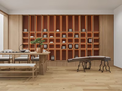 Serene Traditional Tea Room With Wooden Shelves Tea Sets Books Tea Table Benches And Guzheng 3d model