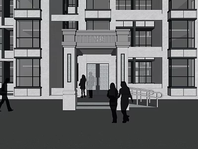 Modern Building Main Entrance Gate Featuring Symmetric Columns Steps And Pedestrians 3d model