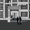Modern Building Main Entrance Gate Featuring Symmetric Columns Steps And Pedestrians