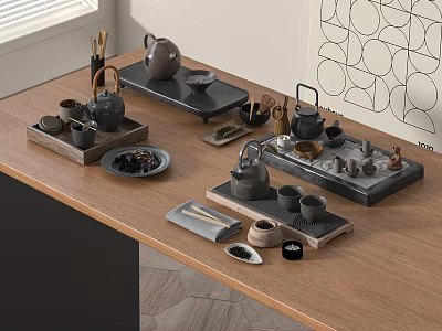 Modern Minimalist Tea Set With Teapot Teacups And Wooden Trays On Table 3d model