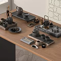 Modern Minimalist Tea Set With Teapot Teacups And Wooden Trays On Table