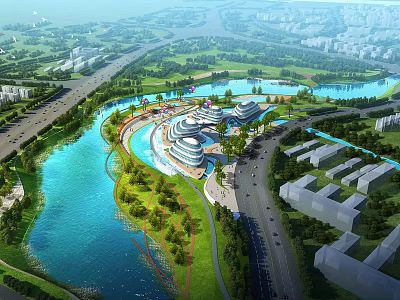 Modern Riverside Garden Landscape With Lush Green Paths And Unique Curved Waterfront Buildings 3d model