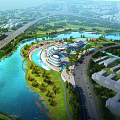 Modern Riverside Garden Landscape With Lush Green Paths And Unique Curved Waterfront Buildings