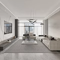 Bright Modern Minimalist Open Living Dining Room With Marble Decor Comfortable Sofa And Panoramic Window