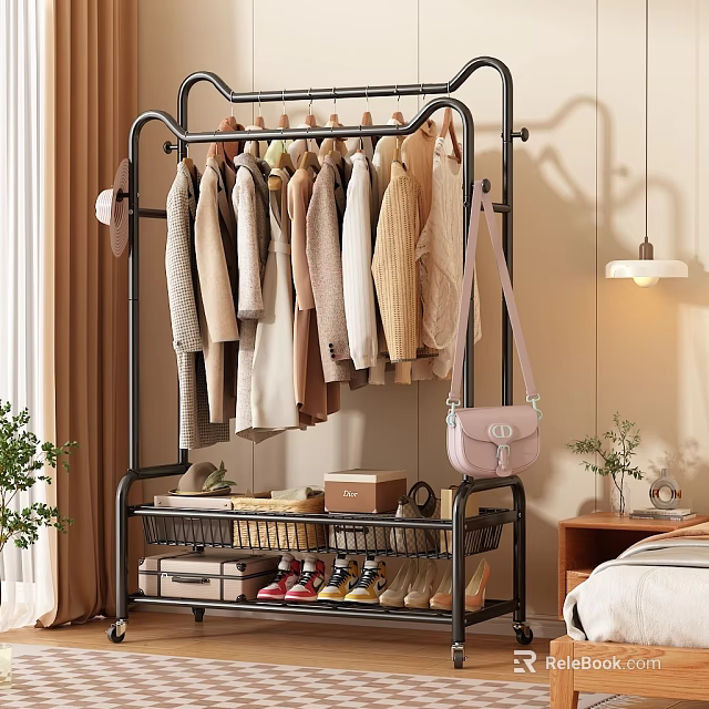 Clothes Hanging On Black Metal Rack With Neutral Sweaters Coats Storage Boxes Shoes Pink Handbag 3d model 