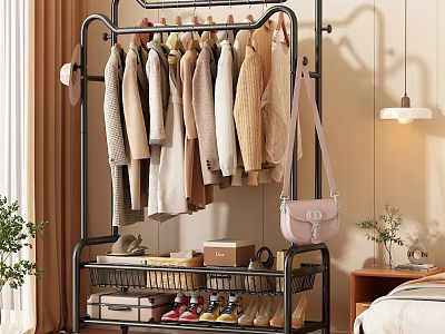 Clothes Hanging On Black Metal Rack With Neutral Sweaters Coats Storage Boxes Shoes Pink Handbag 3d model