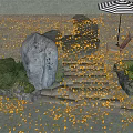 Outdoor Relaxation Space With Striped Umbrella Wooden Chair Yellow Leaves Rocks And Plants
