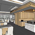 Modern Restaurant Interior With Open Layout Wooden Decor Marble Counter And White Tables Chairs