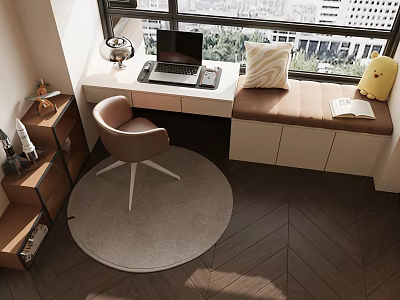 Window White Desk and Pink Chair Set with Laptop Brown Cushion Wooden Floor Round Rug 3d model