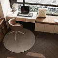 Window White Desk and Pink Chair Set with Laptop Brown Cushion Wooden Floor Round Rug