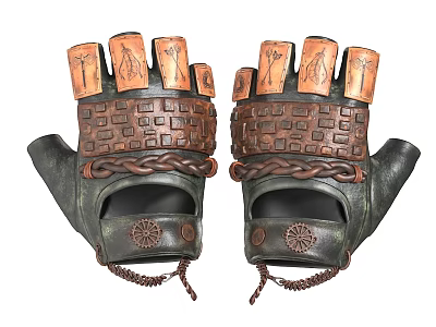 Dark Green And Brown Leather Fingerless Gloves With Braided Details And Carved Patterns 3d model