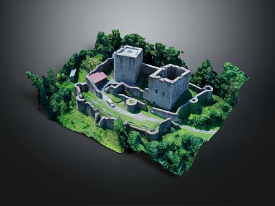 Ancient Castle Model Featuring Tower Structure Stone Walls And Green Trees 3d model