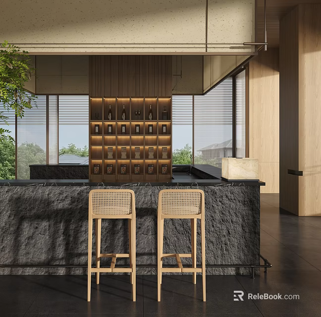 Sales Office Interior with Black Bar Counter Rattan Stools Wooden Wall and Glass Windows 3d model 