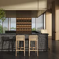 Sales Office Interior with Black Bar Counter Rattan Stools Wooden Wall and Glass Windows