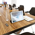 Modern Conference Table with Laptops Office Chairs Projection Screen and Display Board in Meeting Room