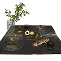 Stylish Dinnerware Set Including Plates Napkins Cutlery Avocado Nuts Glasses Vase Greenery on Linen Placemat