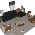 Modern Black Leather Sofa And Round Coffee Table Set With Decorative Pillows Armchair And Potted Plant