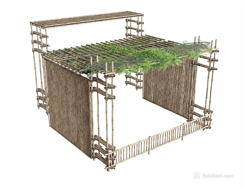 Bamboo Open Structure With Green Plant Covered Roof Supporting Frame And Bamboo Fence 3d model 