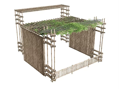 Bamboo Open Structure With Green Plant Covered Roof Supporting Frame And Bamboo Fence 3d model