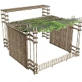 Bamboo Open Structure With Green Plant Covered Roof Supporting Frame And Bamboo Fence