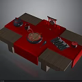 Traditional Chinese Dining Table Setup With Red Tablecloth Teapot Wok And Chopsticks