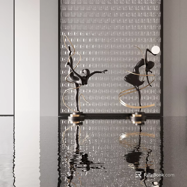 Modern Artistic Sculptures With Dynamic Human Form On Black Metal Base And Reflective Surface 3d model 