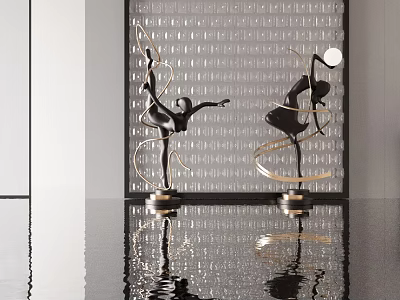 Modern Artistic Sculptures With Dynamic Human Form On Black Metal Base And Reflective Surface 3d model
