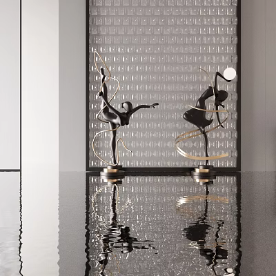 Modern Artistic Sculptures With Dynamic Human Form On Black Metal Base And Reflective Surface 3d model
