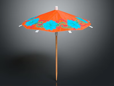 Decorative Orange Umbrella With Blue Red Floral Patterns And Wooden Handle 3d model