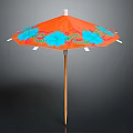 Decorative Orange Umbrella With Blue Red Floral Patterns And Wooden Handle