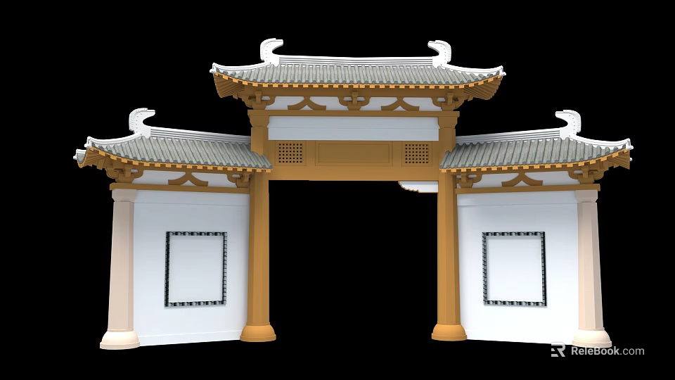 Chinese Style Garden Ornament Gateway With Traditional Roof And Golden Pillars 3d model 