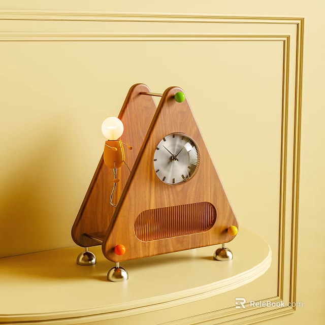 Triangular Wooden Decorative Clock with Colorful Balls Metal Base and Bulb Decoration 3d model 