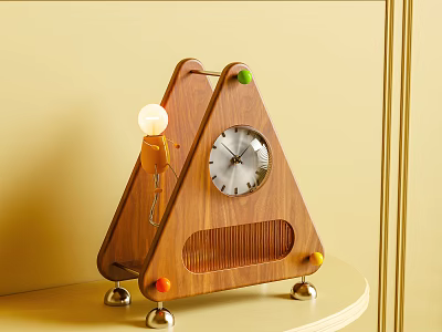 Triangular Wooden Decorative Clock with Colorful Balls Metal Base and Bulb Decoration 3d model