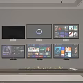 Six Wall Mounted TVs Above Fireplace Showing Diverse Media Content In Modern Living Space
