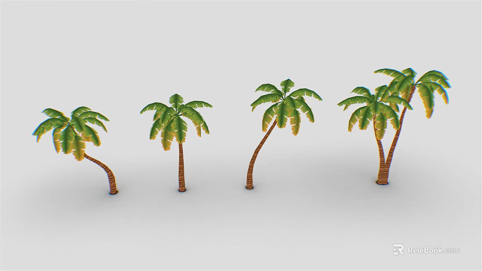 Palm Trees With Different Shapes Brown Trunks Green Leaves Yellow Edges And Various Bending Postures 3d model 
