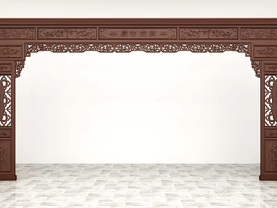 Traditional Wooden Archway With Ornate Carved Patterns And Decorative Side Pillars 3d model