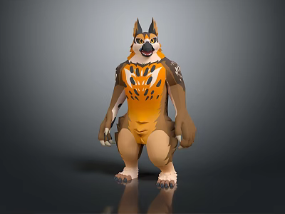 3D Sculpture of Anthropomorphic Wolf Dog With Orange Brown Fur Muscular Build Standing Pose 3d model