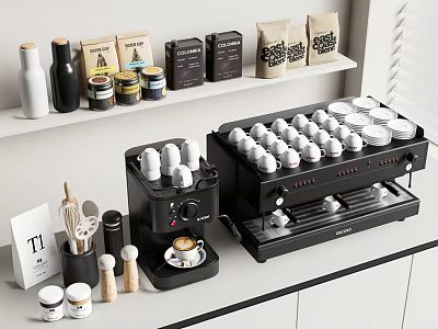 Two Black Coffee Machines With White Cups Coffee Bean Packages And Utensils On Kitchen Counter 3d model