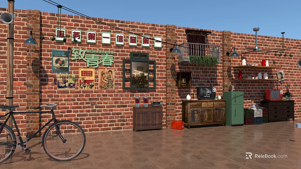 Antique Display Shelf in Vintage Red Brick Wall with Retro Posters Bicycle and Green Plants 3d model 