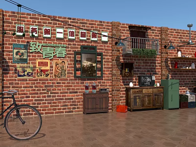Antique Display Shelf in Vintage Red Brick Wall with Retro Posters Bicycle and Green Plants 3d model