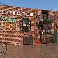 Antique Display Shelf in Vintage Red Brick Wall with Retro Posters Bicycle and Green Plants