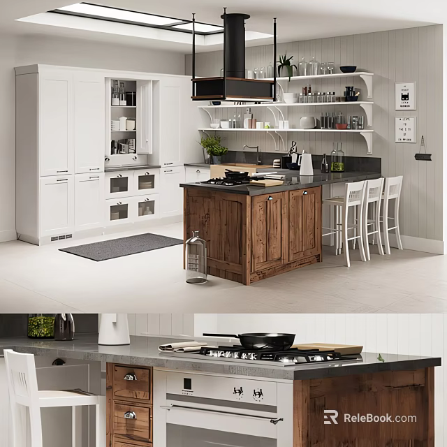 Modern Open Kitchen Interior With White Cabinets Wooden Island Chairs And Appliances 3d model 