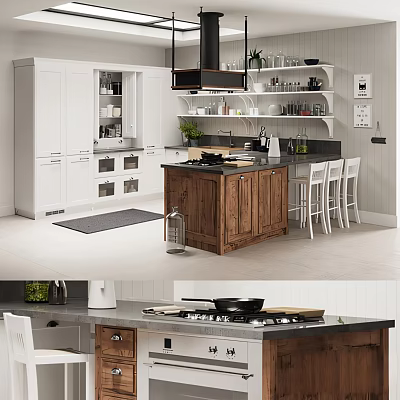 Modern Open Kitchen Interior With White Cabinets Wooden Island Chairs And Appliances 3d model
