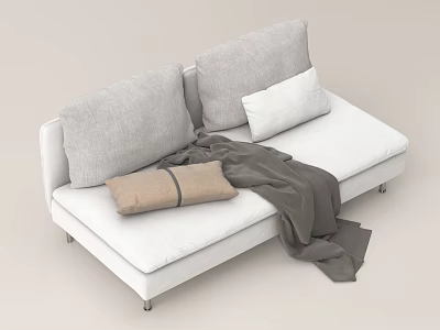 Modern Gray And White Sofa With Throw Pillow And Soft Blanket 3d model