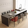 Modern Table and Chairs Set with Black Top Red Gray Seats Fruit Bowl and Book